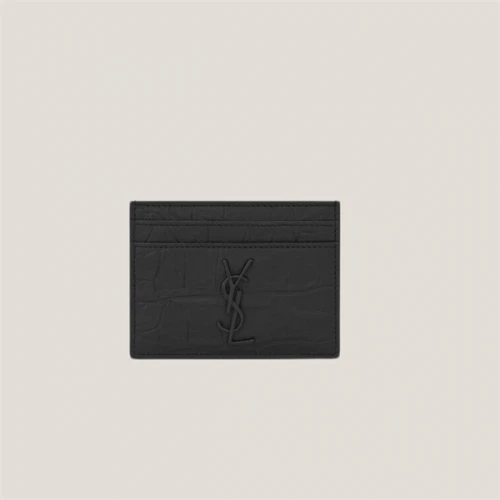 SAINT LAURENT Cassandre Card Case In Crocodile Embossed Leather BLACK