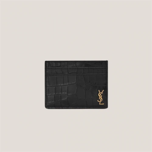 SAINT LAURENT Tiny Cassandre Card Case In Crocodile Embossed Matte Leather BLACK